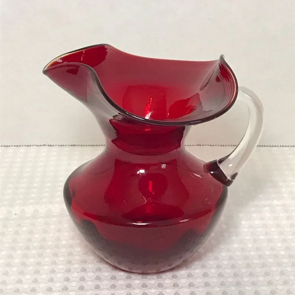 Hand Blown Ruby Red Art Glass Fluted Pitcher Clear Applied Handle 5.5 Inches